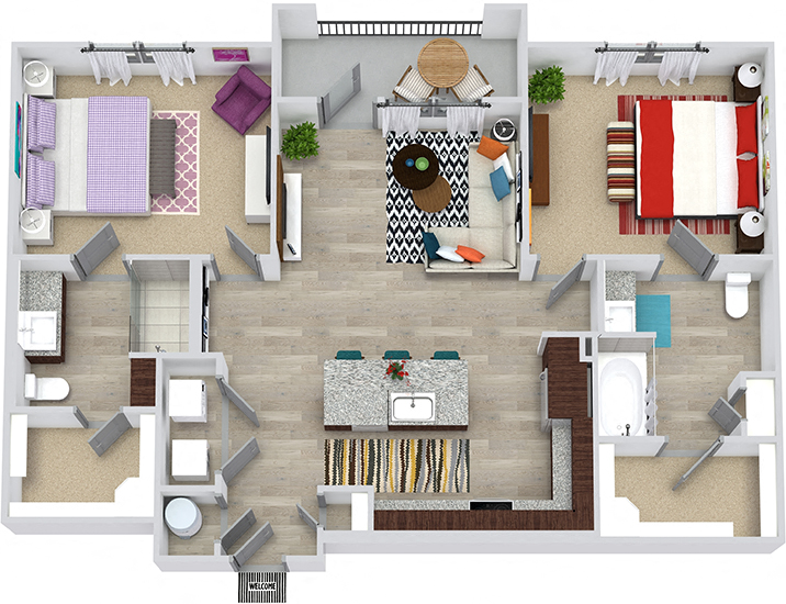 Floor plan for 2 beds, 2 baths, 1074 sqft